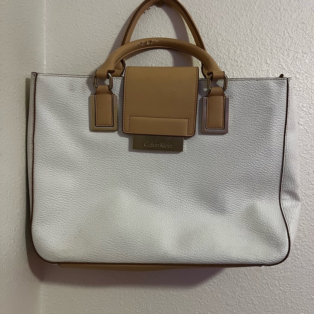 Calvin Klein White and Tan Satchel with Structured Design